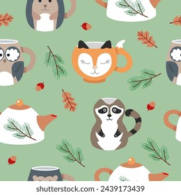 Seamless pattern of cute tea cups in the form of forest animals. Fox, hedgehog, raccoon, owl. Colorful background for printing on fabric, packaging or wallpaper.