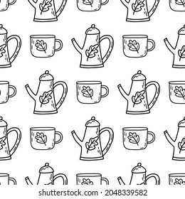 Seamless pattern with cute teapot with oak leaf and cup of tea or coffee. Doodle vector illustration on white background. Autumn mood. Print for fabric, paper or wrapping, card or cover
