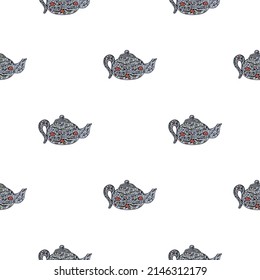 Seamless pattern with cute teapots. Background of doodle kettle decorative ceramic. Repeated design texture for printing, fabric, wrapping, wallpaper, tissue. Vector illustration.