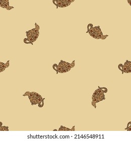 Seamless pattern with cute teapots. Background of doodle kettle decorative ceramic. Repeated design texture for printing, fabric, wrapping, wallpaper, tissue. Vector illustration.