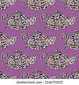 Seamless pattern with cute teapots. Background of doodle kettle decorative ceramic. Repeated design texture for printing, fabric, wrapping, wallpaper, tissue. Vector illustration.