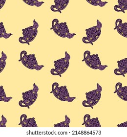 Seamless pattern with cute teapots. Background of doodle kettle decorative ceramic. Repeated design texture for printing, fabric, wrapping, wallpaper, tissue. Vector illustration.