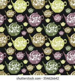Seamless pattern with cute teapots with phrase " Good morning". Background for cafe, bar or restaurant menu.