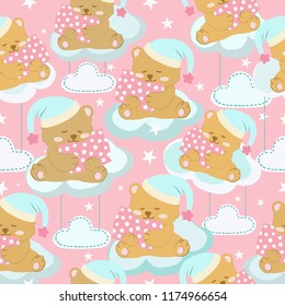 seamless pattern cute a teddy bear cartoon hugging a pillow, have a sweet dream on a cloud,with a white star on pink background,  illustration vector doodle comic art.