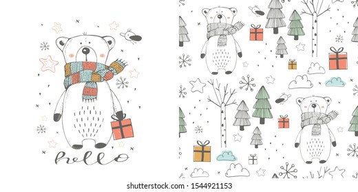 Seamless pattern with cute Teddy Bear with present in the woodland.Cartoon hand drawn vector illustration. Can be used for t-shirt print, kids wear fashion design, baby shower invitation card.