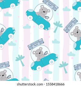 seamless pattern with cute teddy bear in the car vector illustration