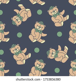 Seamless pattern with cute teddy bear with ribbon bow and hat. Green polka dot on a dark blue background. Flat vector illustration.