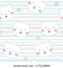 Seamless pattern cute teddy bear. Cartoon wild animal design vector illustration isolated on white background