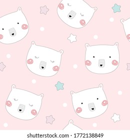 Seamless pattern cute teddy bear. Cartoon wild animal design vector illustration isolated on white background