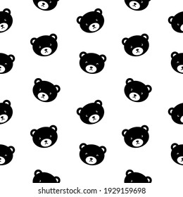 Seamless pattern with cute teddy bear faces. Simle black silhouettes on white background. Vector illustration.