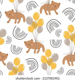 Seamless pattern with cute teddy bear and balloons on a white background. Animal digital background with vector hand drawn elements. Seamless pattern for kids fabric, textile.