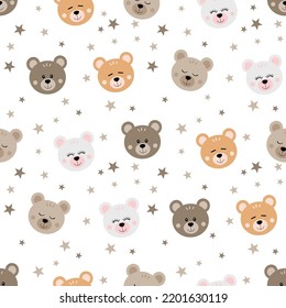 Seamless pattern with cute teddy bear face and stars
