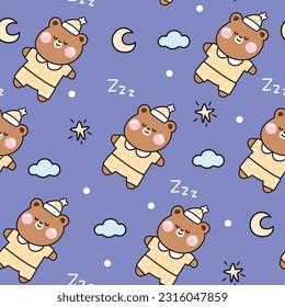 Seamless pattern of cute teddy bear sleep with moon and cloud background.Wild animal character cartoon design.Baby clothing.Kawaii.Vector.Illustration.