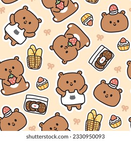 Seamless pattern of cute teddy bear sticker in bakery concept background.Wild animal character design.Bread,cookies,cupcake strawberry hand drawn.Kawaii.Vector.Illustration.