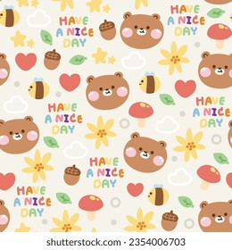 Seamless pattern of cute teddy bear smile face with tiny icon on pastel background.Wild animal.Have a nice day text.Bee,cloud,flower,leaf,acorn hand drawn.Kawaii.Vector.Illustration.