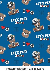 Seamless pattern, Cute teddy bear cartoon wearing a cap is holding a soccer ball on blue background illustration vector, for t-shirt print.