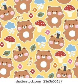 Seamless pattern of cute teddy bear with tiny icon sticker yellow pastel background.Bee,mushroom,flower,leaf hand drawn.Wild animal character cartoon design.Kawaii.Vector.Illustration.