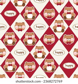 Patrón sin foco de adorable oso de peluche con texto feliz en el fondo de la comprobación.Dibujo a mano de muñeca.Diseño de caricaturas de animales salvajes.Imagen para tarjeta, afiche, ropa de bebé.Kawaii.Vector.Ilustración.
