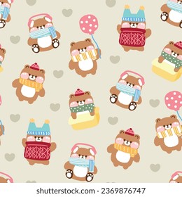 Seamless pattern of cute teddy bear doll in autumn and winter concept with heart background.Wild animal character cartoon design.Christmas.Baby clothing.Kawaii.Vector.Illustration.