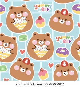 Seamless pattern of cute teddy bear doll hug donut on pastel background.Wild animal character cartoon design.Image for card,poster,baby clothing.Bakery.Cake.Macaron.Kawaii.Vector.illustration.