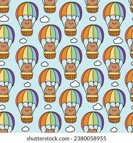 Seamless pattern of cute teddy bear stay in balloon on cloud sky background.Wild animal character cartoon design.Image for card,poster,baby clothing.Kawaii.Vector.Illustration.