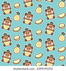 Seamless pattern of cute teddy bear in pineapple costume background.Wild animal character cartoon design.Summer.Fruit.Baby clothing print screen.Kawaii.Vector.Illustration.