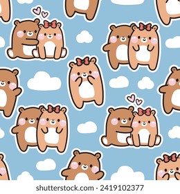 Seamless pattern of cute teddy bear couple in various poses with cloud on sky background.Wild animal character cartoon design.Love.Baby graphic.Valentines day.Kawaii.Vector.Illustration.