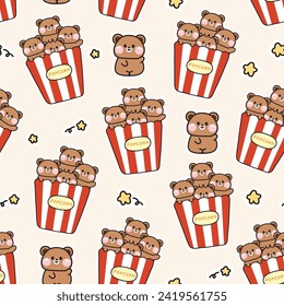 Patrón sin foco de adorables palomitas de oso de peluche con fondo estelar. Dibujo de carácter animal salvajeMdesign.Snack.film.Cinema.Ropa para bebés.Kawaii.Vector.Ilustración.