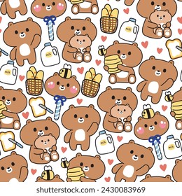 Patrón sin fisuras de oso de peluche lindo y abeja en varias poses en el fondo blanco. Pan, leche, corazón dibujado a mano. Animal salvaje. Ropa de bebé. Kawaii. Vector. Ilustración.