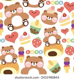 Seamless pattern of cute teddy bear with sweet and dessert icon on white background.Wild animal character cartoon design.Strawberry,cake,bubble milk tea,heart,love,bread.Kawaii.Vector.Illustration.