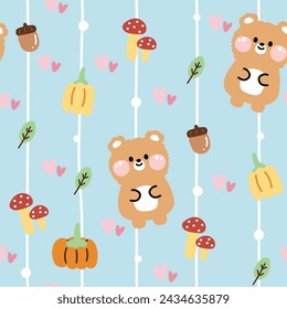 Seamless pattern of cute teddy bear background.Wild animal character cartoon design.Pumpkin,acorn,mushroom,leaf,heart hand drawn.Image for card,poster,baby clothing.Kawaii.Vector.Illustration.