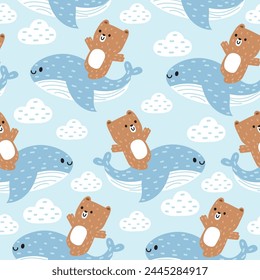 Seamless pattern of cute teddy bear stay on whale soft hair cloud sky background.Sea life and wild animal character cartoon design.T shirt,baby clothing,print screen.Kawaii.Vector.Illustration.