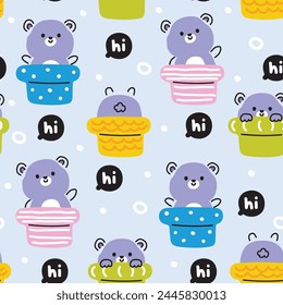 Seamless pattern of cute teddy bear line hand drawn in pot with hi text on pastel background.Wild animal character cartoon design.Kawaii.Vector.Illustration.