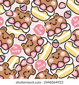 Seamless pattern of cute teddy bear head strawberry cake with so nice text sticker background.Wild animal face character design.Sweet and dessert.Fruit.Bakery.Kawaii.Vector.Illustration. 