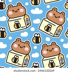 Seamless pattern of cute teddy bear head milk box with bee and cloud sticker sky background.Beverage.Wild animal character cartoon design.Brakfast.Baby drink.Kawaii.Vector.Illustration.