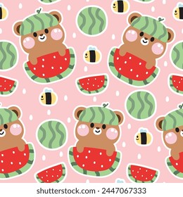 Seamless pattern of cute teddy bear in watermelon with bee background.Wild animal charater cartoon design.Summer.Fruit.Baby clothing.Kawaii.Vector.Illustration.
