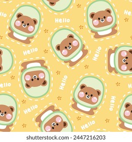 Seamless pattern of cute teddy bear wear kiwi hat mascot with hello text background.Wild animal character cartoon design.Baby clothing.Kawaii.Vector.Illustration.