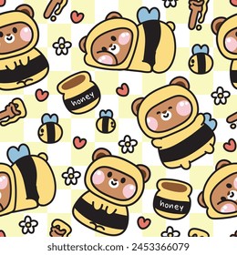 Seamless pattern of cute teddy bear wear bee costume background.Wild animal character cartoon design.Flower,leaf,bee,honey,heart hand drawn.Nature.Kawaii.Vector.Illustration.