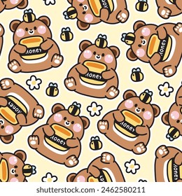 Seamless pattern of cute teddy bear hold honey jar with bee and flower background.Wild animal character cartoon design.Image for card,baby product,Print screen clothing.Kawaii.Vector.Illustration