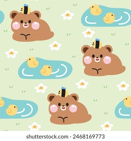 Seamless pattern of cute teddy bear stay on grass pastel background.Wild animal character cartoon design.Bee,duck,flower,jungle.Image for card,poster,sticker.Kawaii.Vector.Illustration.