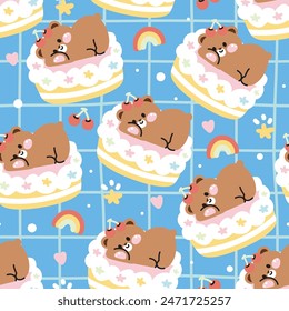 Nahtloses Muster des süßen Teddybären lag auf Kuchen-Hintergrund.Dessert, süß, Regenbogen, Kirsche, Stern Hand gezeichnet.Wild Tier Figur Cartoon Design.Bild für Karte,Aufkleber,Babykleidung.Kawaii.Illustration