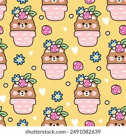 Seamless pattern of cute teddy bear stay in plant pot with flower background.Spring.Floral.Wild animal.Cartoon character design.Image for card,poster,sticker,baby clothing.Kawaii.Vector.Illustration.