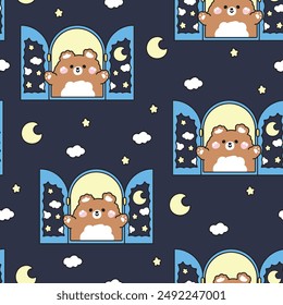 Seamless pattern of cute teddy bear open the window with moon star and cloud on night sky background.Wild animal character cartoon design.Image for card,sticker,baby product.Kawaii.Vector.Illustration