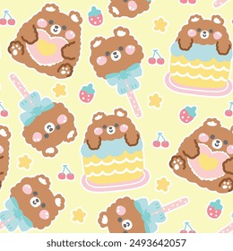 Seamless pattern of cute teddy bear doll pastel in various poses with star cherry and strawberry background.Bear head candy.Bear on cake.Animal character cartoon design.Kawaii.Vector.Illustration.