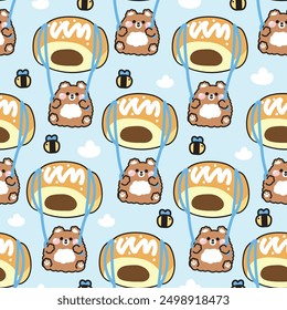 Seamless pattern of cute teddy bear parachute chocolate bread shape with bee cartoon hand drawn on sky and cloud background.Bakery,sweet,dessert.Wild animal character.Kawaii.Vector.Illustration.