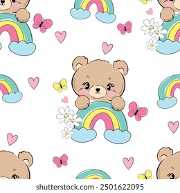 Seamless pattern with cute Teddy Bear vector, Kids trend print