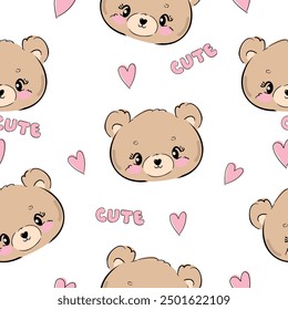 Seamless pattern with cute Teddy Bear and pink heart vector, Kids trend print