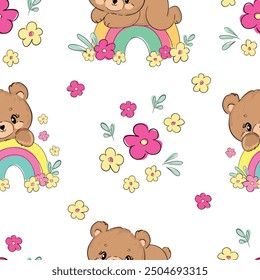 Seamless pattern with cute Teddy Bear and rainbow vector, Kids trend print