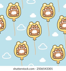 Patrón sin fisuras de lindo oso de peluche en globo en el cielo y fondo de la nube. Bubble. Diseño de dibujos animados de personajes de animales salvajes. Imagen para tarjeta, cartel, ropa de bebé. Kawaii. Vector. Ilustración.