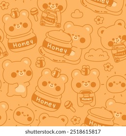 Seamless pattern of cute teddy bear in various poses with honey and bee line hand drawn background.Flower.Sun.Jungle.Wild animal character cartoon design.Kawaii.Vector.Illustration.